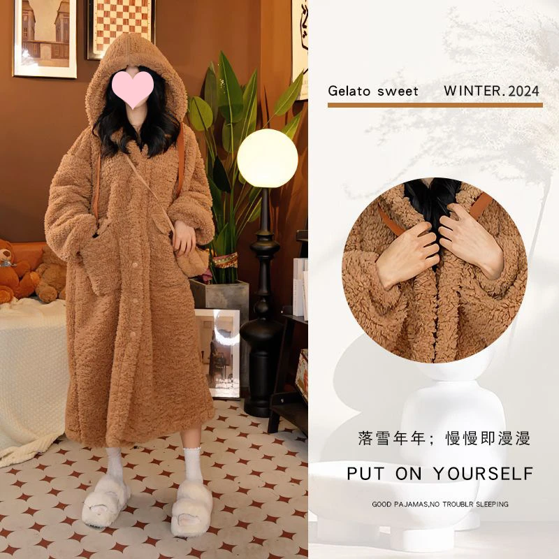 【小棕熊JCC】连帽睡袍+裤子女冬季珊瑚绒加厚保暖家居服两件套8811