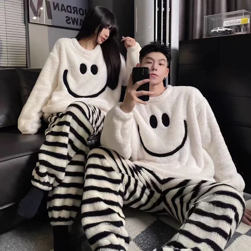 【情侣笑脸】冬季情侣法兰绒加绒加厚睡衣女长袖家居服套装家居服