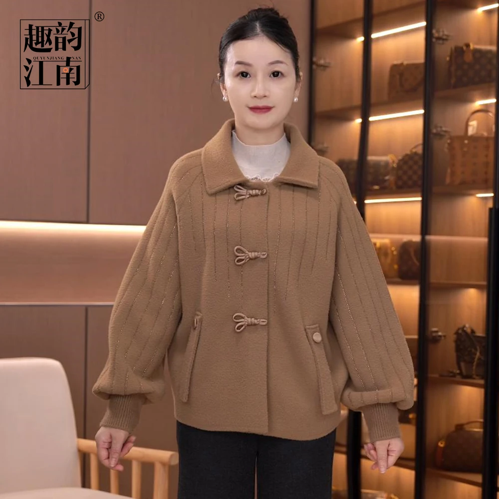趣韵江南妈妈装国风百搭新款上衣翻领中年女装毛呢秋冬新中式外套