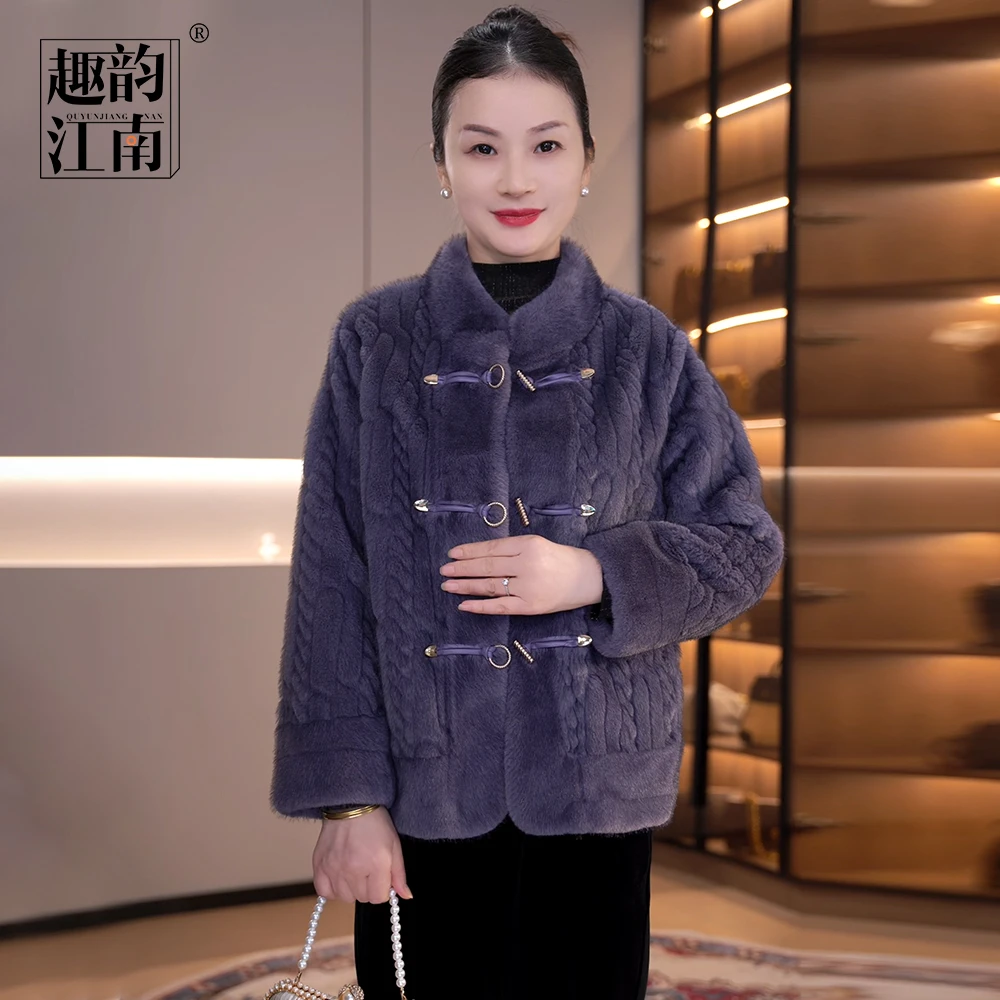 趣韵江南皮毛一体妈妈装洋气上衣保暖气质立领百搭休闲水貂绒上衣
