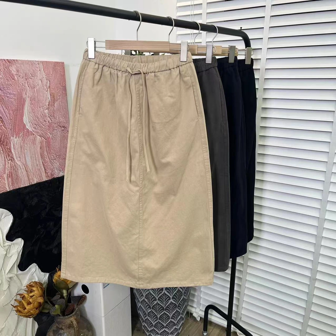 日系秋季水洗棉「松紧腰百搭基础日常」系带半身裙E2820