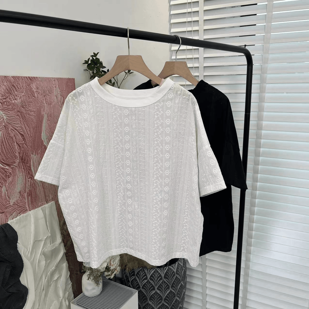 唯美提花 宽松百搭「减龄日常 超级好穿」圆领短袖T恤女E2046