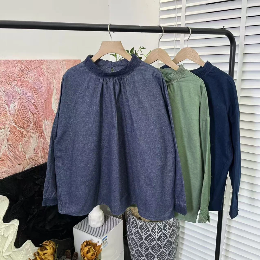 日系超级好看呀「水洗磨毛冬季套头」长袖花边衬衫女E3185