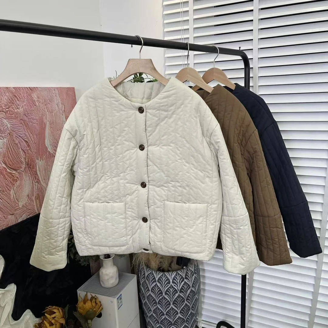 日系秋冬「夹棉绗绣休闲宽松」长袖好看的棉衣棉服女E3079