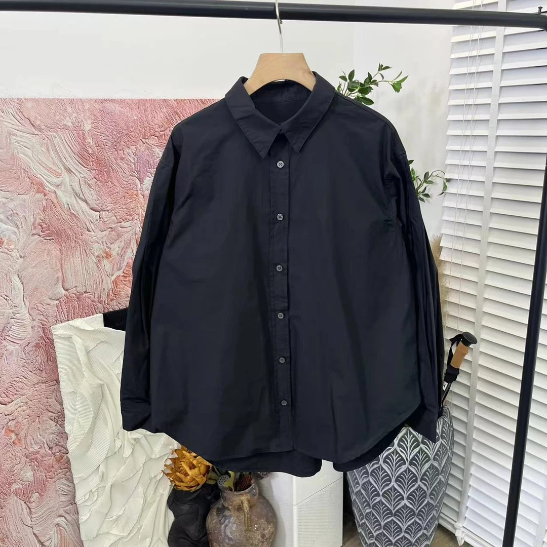 日系水洗宽松「设计款翻领单排扣长袖」水洗衬衫E2912
