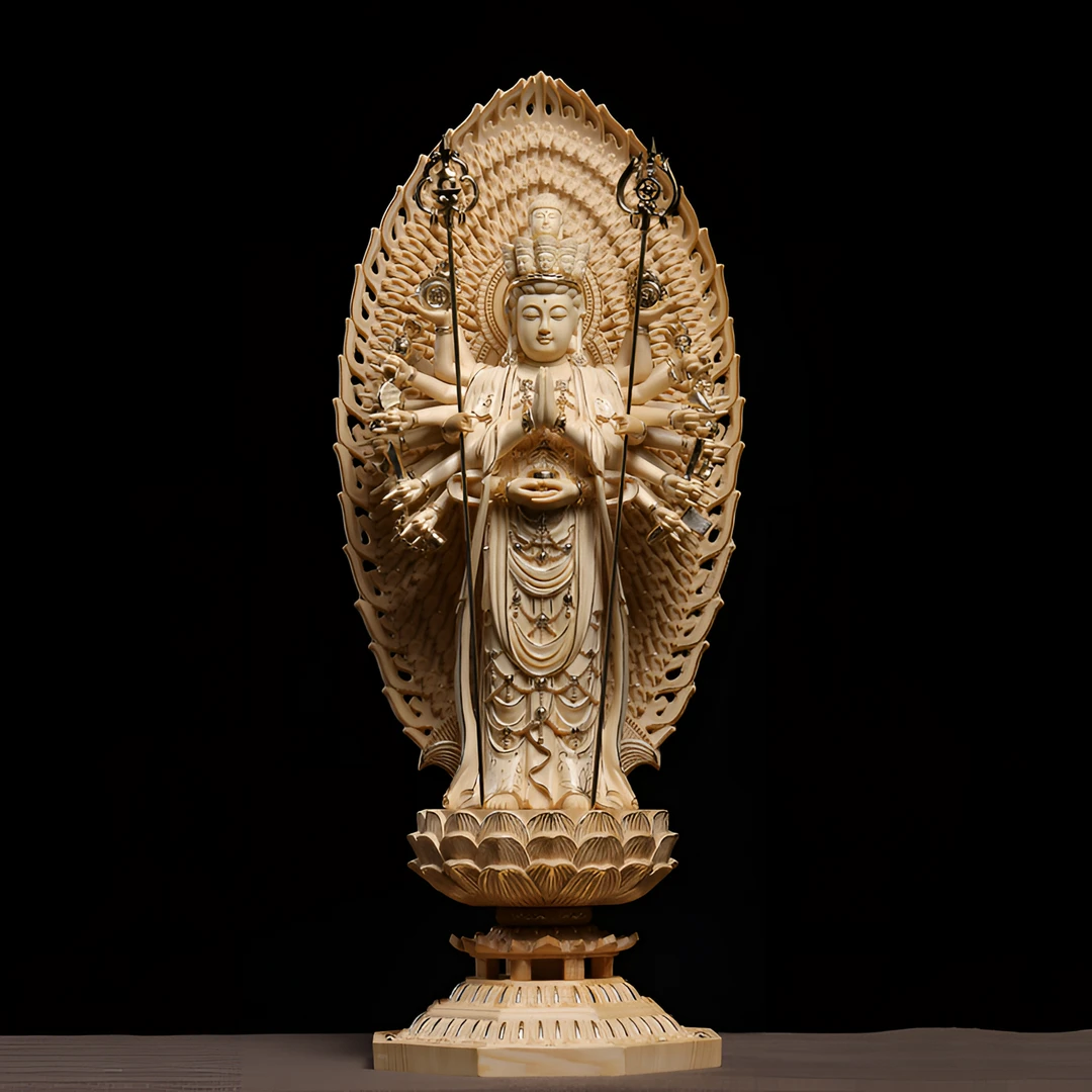 桧木精雕描金站千手观音菩萨佛像家用神像摆件装饰品木雕工艺品