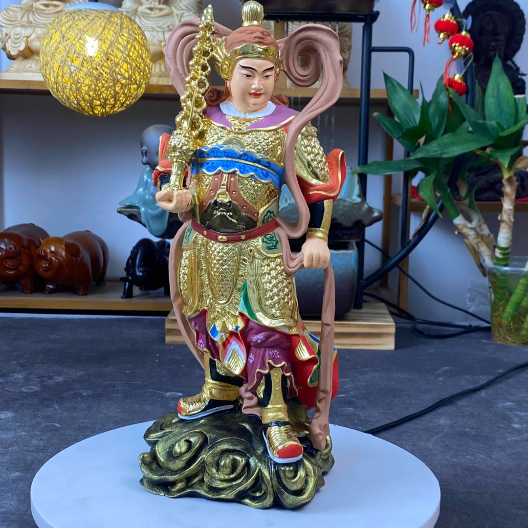 桧木精雕彩绘珈蓝韦陀菩萨佛像家用雕刻精美神像摆件装饰工艺品