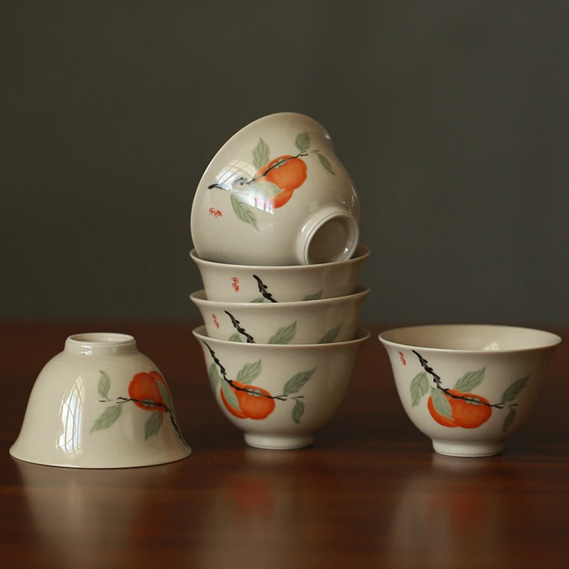 钰硕手造 日式草木灰柿子品茗杯复古陶瓷功夫茶具主人杯素雅简约