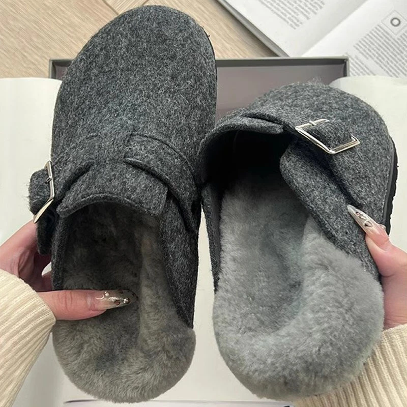 小众灰色厚底勃肯毛毛拖鞋女外穿2024秋冬新款加绒包头懒人半拖鞋
