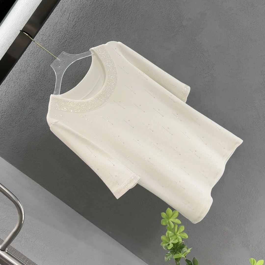 【圆领中袖】2025款现货 烫钻洋气纯色修身高品质T恤时尚短袖