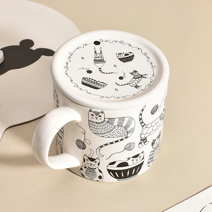 黑白猫咪釉下彩马克杯创意小众办公室手绘大容量陶瓷咖啡杯喝水杯