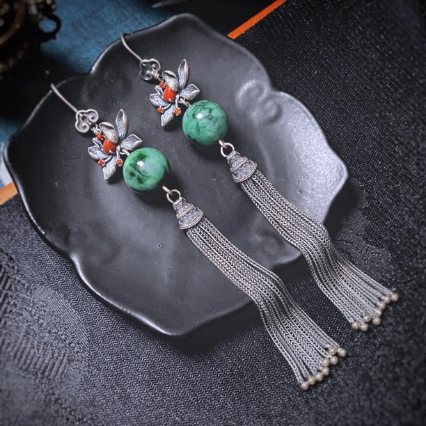 四姐妹 国风民族风简约气质翡翠小圆珠百搭个性流苏925银纯银耳环