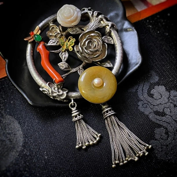 四姐妹 台湾工艺国风民族风个性特色黄翡翡翠流苏纯银925银吊坠