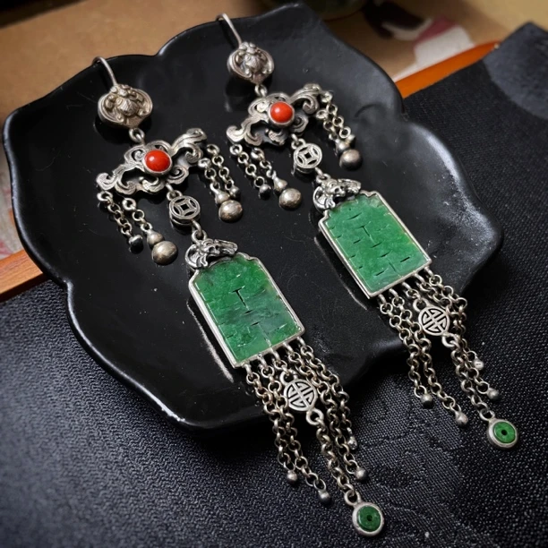 四姐妹 古典国风设计秀气个性A货双喜雕刻翡翠流苏纯银925银耳环