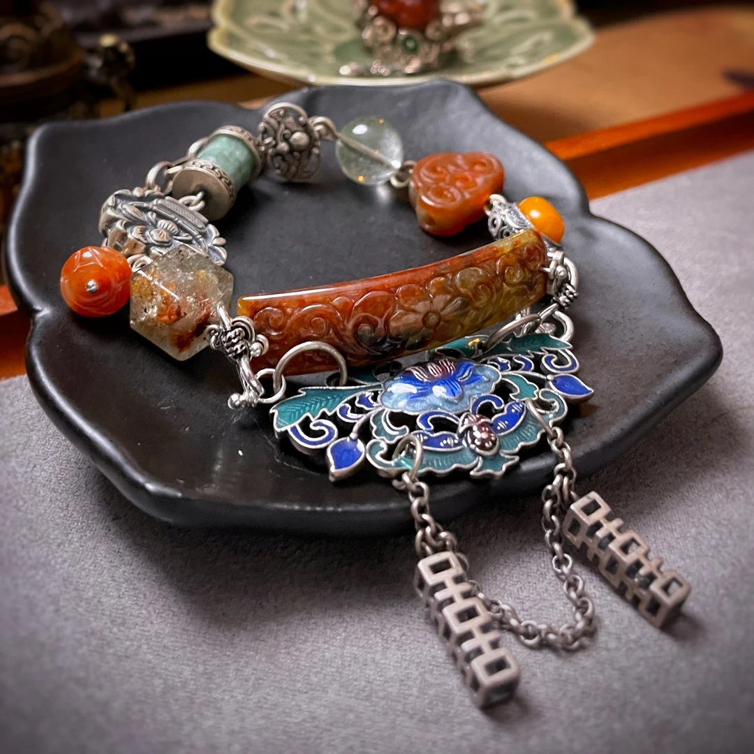 四姐妹 三妹原创国风民族风特色红翡翡翠烧蓝个性纯银925银手链