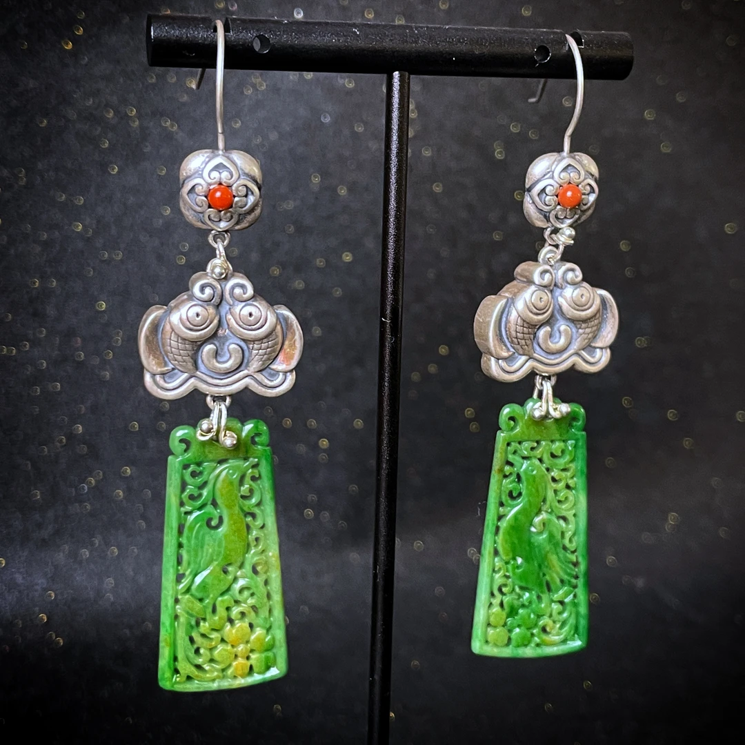 四姐妹 民族风复古个性简洁翡翠花青雕刻特色设计925银耳环