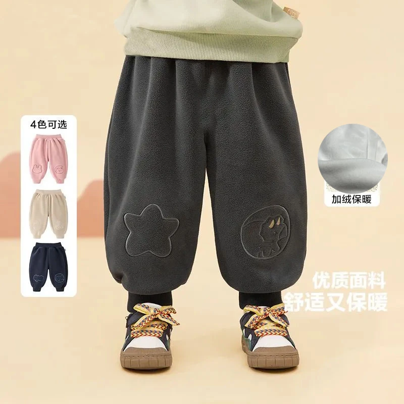 婴幼儿奥利绒儿童加绒裤子秋冬男女童宝宝刺绣保暖休闲裤外穿长裤