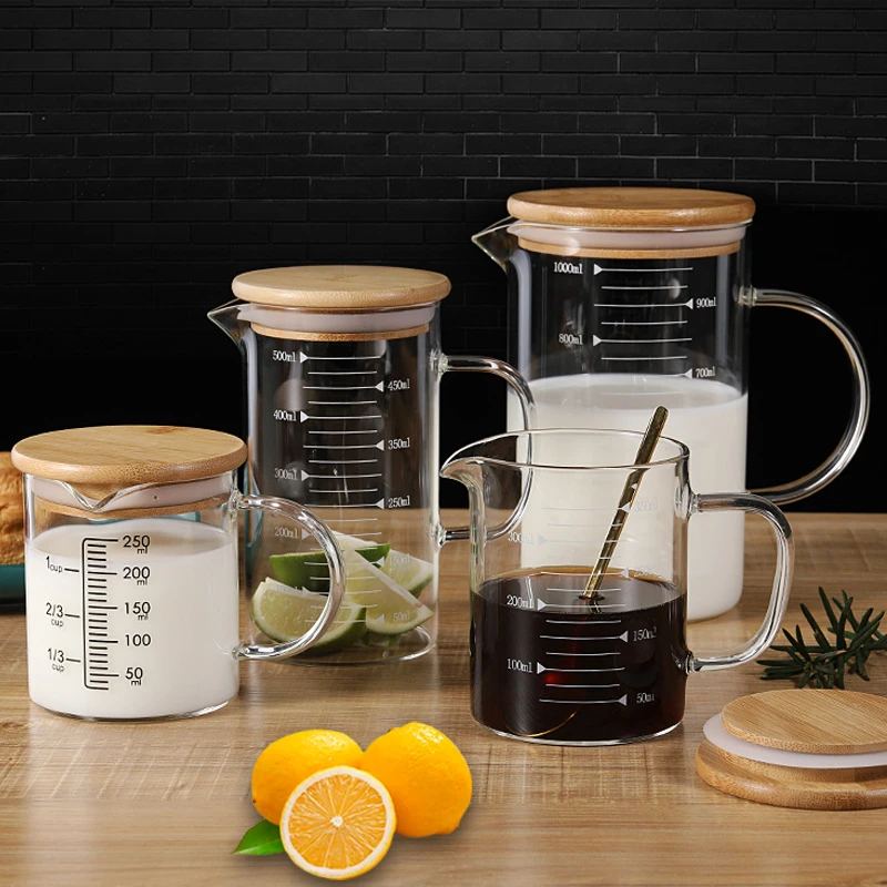 家用量杯牛奶果汁玻璃杯透明玻璃水杯烘焙玻璃带把刻度杯耐热