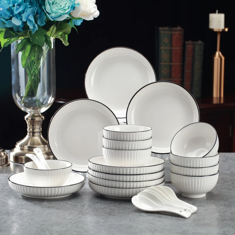 孟垣家庭竖纹黑线32件套釉下彩家用碗碟盘陶瓷餐具套装米饭碗个性