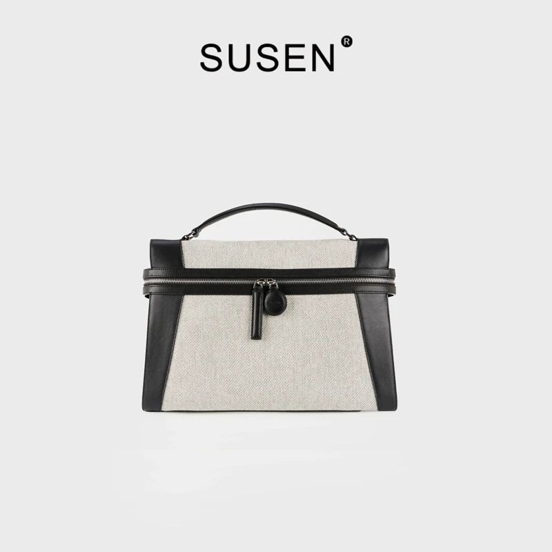SUSEN新款设计师款高级中性风帆布拼真皮花园包