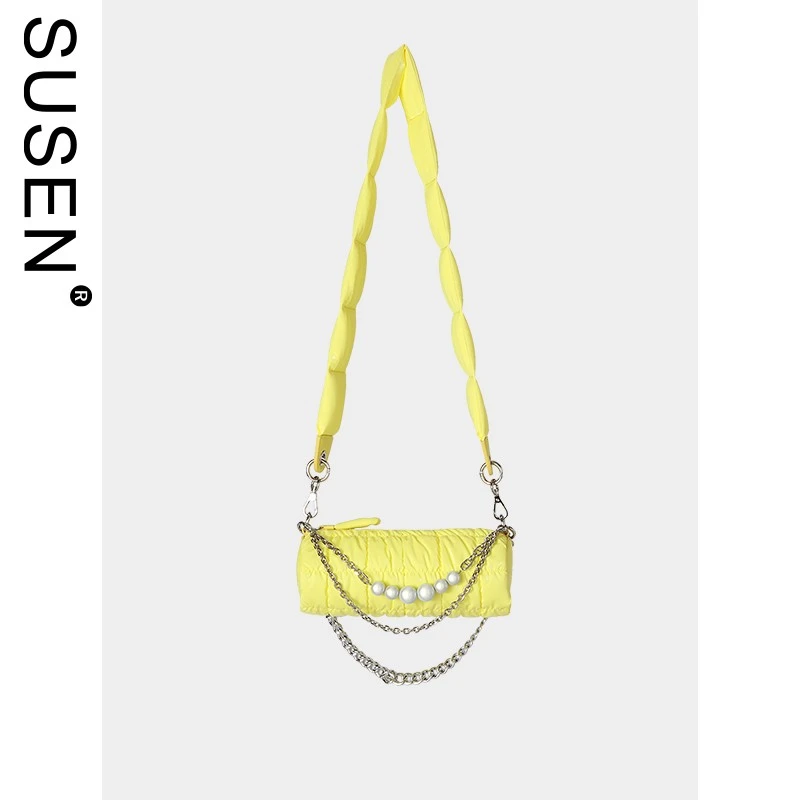 SUSEN【官方正品】电光笔筒包新款女包潮流圆筒包珍珠链条斜挎包