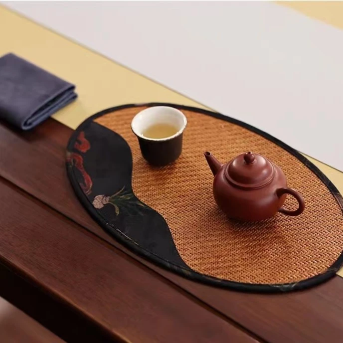 【美在七夕】椭圆藤纹席方   垫布方茶席杯垫 弹意中式竹席茶托
