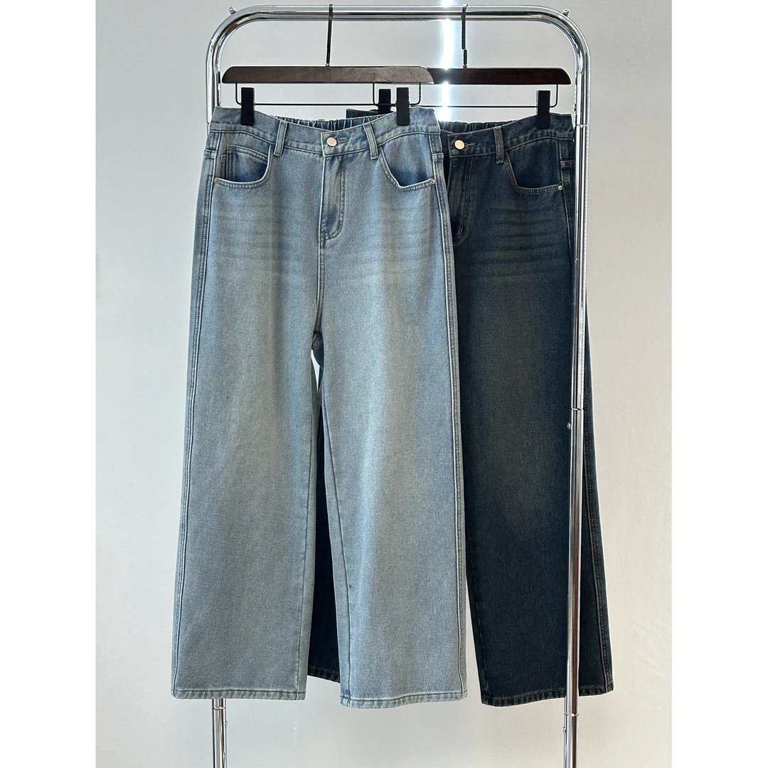 浅色高腰直筒牛仔裤女冬新款微胖大码宽松加绒垂感阔腿裤N112播X