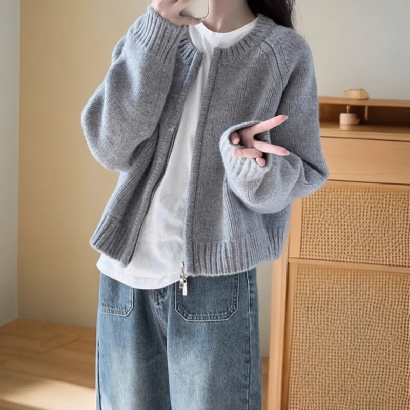 【泥美推荐-慵懒感】双拉链针织开衫 2024新款秋冬韩系宽松毛衣外套