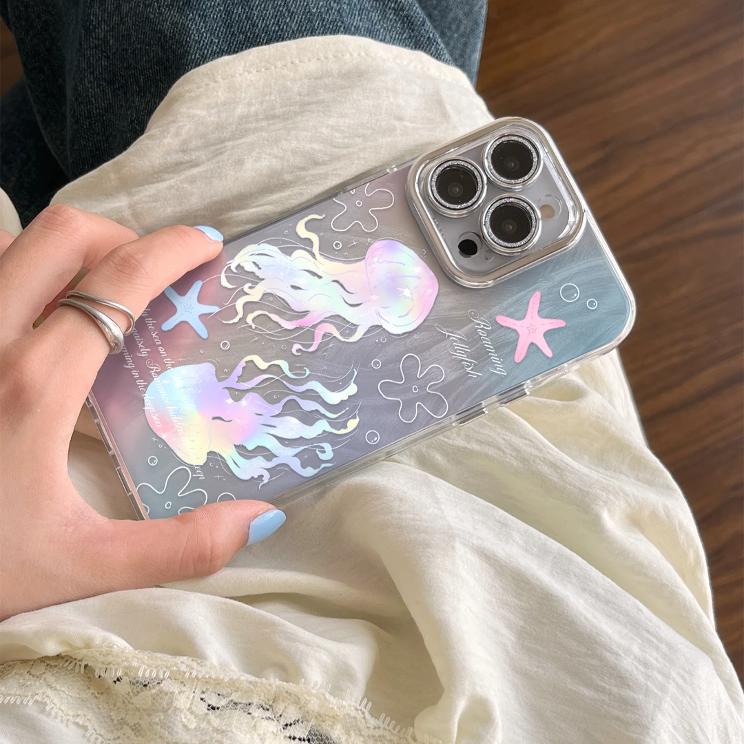 创意彩色水母适用苹果15promax手机壳华为mate60高级感镜头膜少女