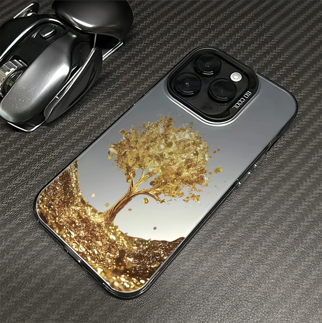 高级金色发财树适用苹果16promax手机壳高级感新款华为PURA70磨砂