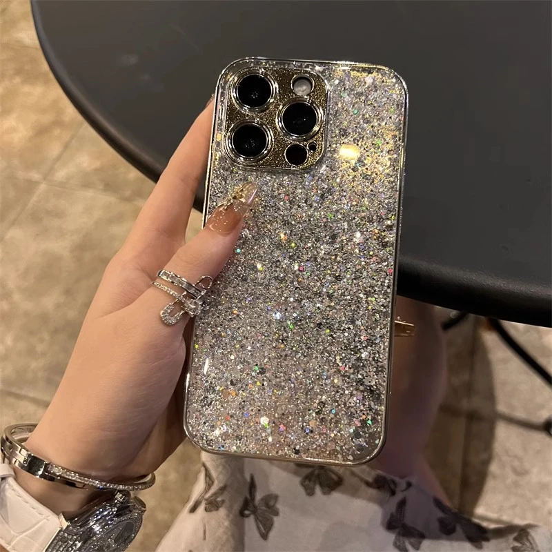 ins奢华银色闪粉适用苹果15promax手机壳14pro新款13创意防摔男女