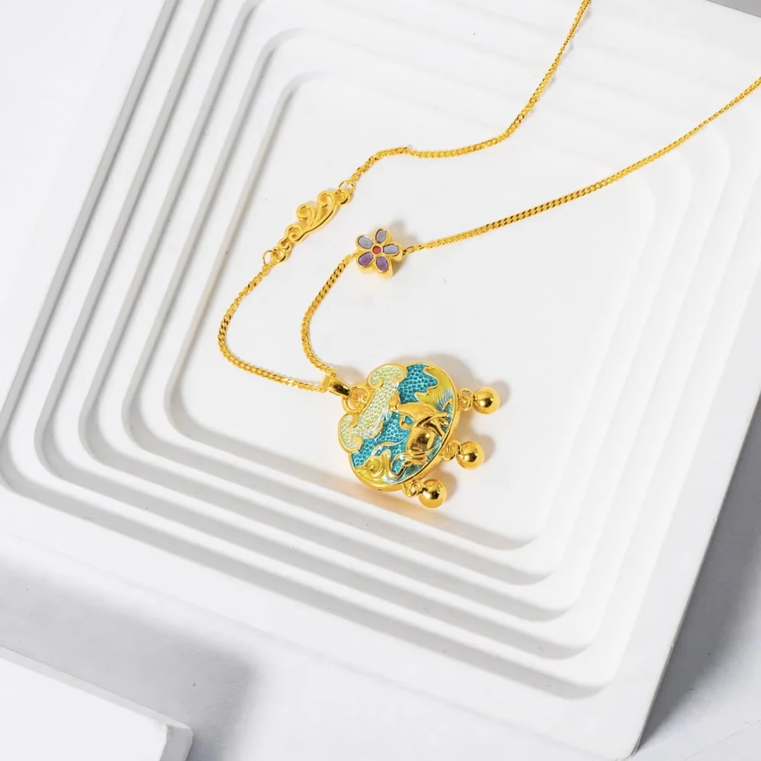 链子足银 珐琅彩如意锁包套链气质百搭轻奢