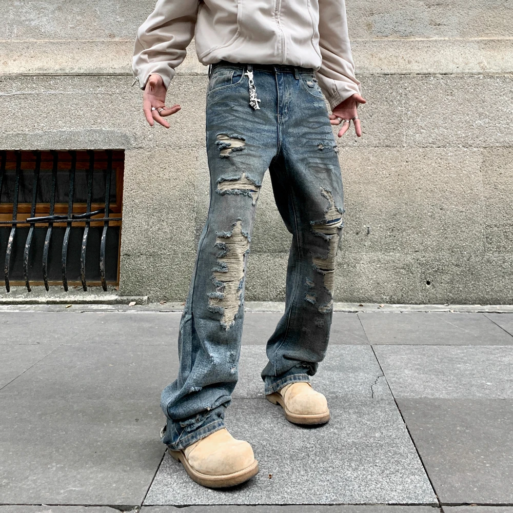 新款潮牌宽松直筒怀旧蓝色水洗牛仔裤