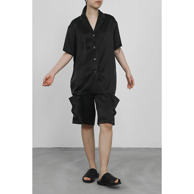 JUZININE原创设计重磅真丝短袖衬衫桑蚕丝休闲衬衣撞色线慵懒上衣