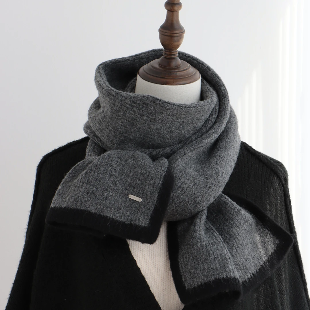 日系纯色边框围巾男女通用日系百搭韩版围脖冬季保暖羊毛混纺情侣
