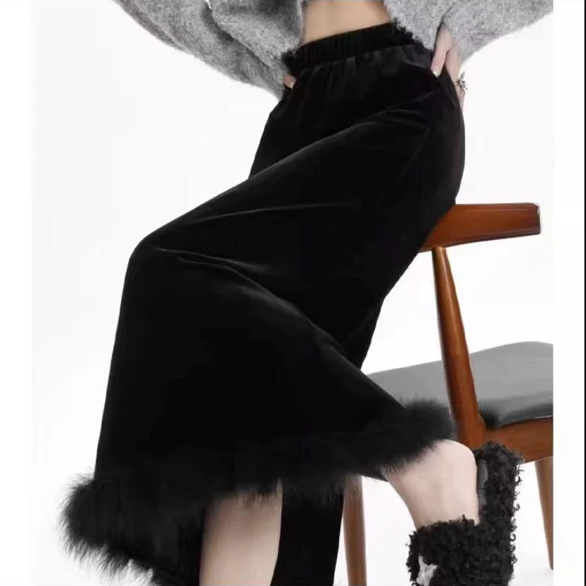 黑色丝绒半身裙秋冬女  新款开叉显瘦中长款包臀裙