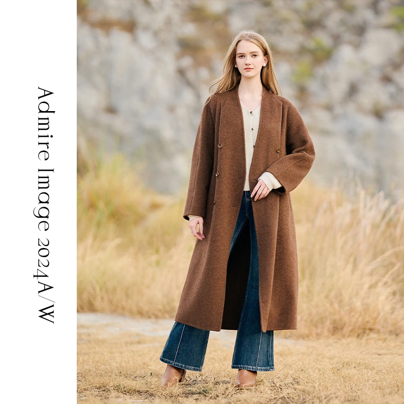 V领插肩大衣保暖复古羊毛宽松毛呢中长款秋冬气质复古羊绒双面呢