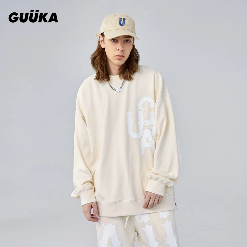 Guuka/古由卡奶黄色圆领卫衣男秋冬潮拉链开口设计美式嘻哈W7333
