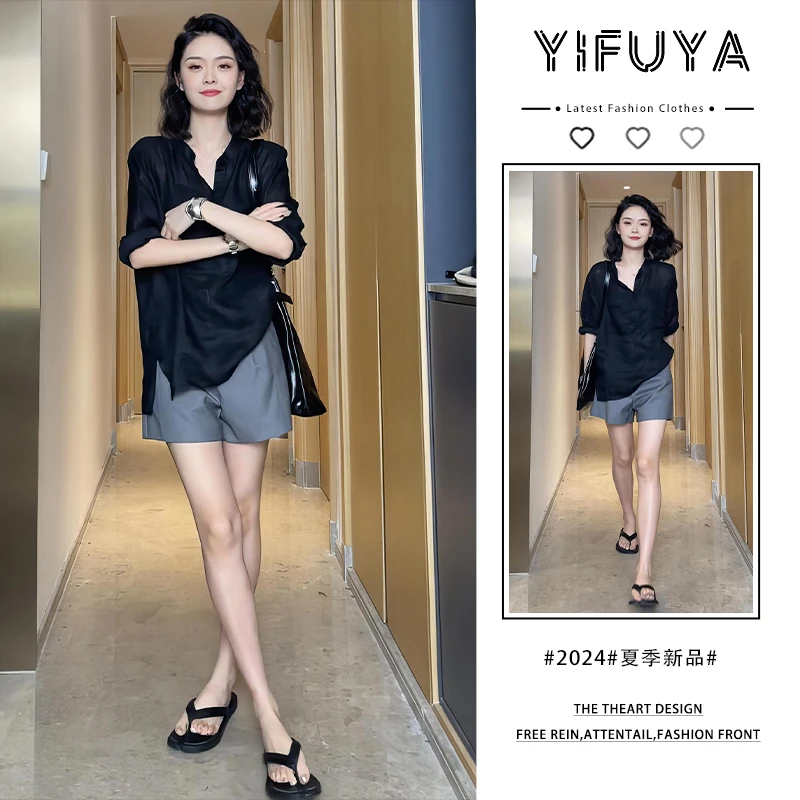 2025夏季黑色衬衫套装显瘦小个子高腰时尚阔腿薄款宽松网红套装