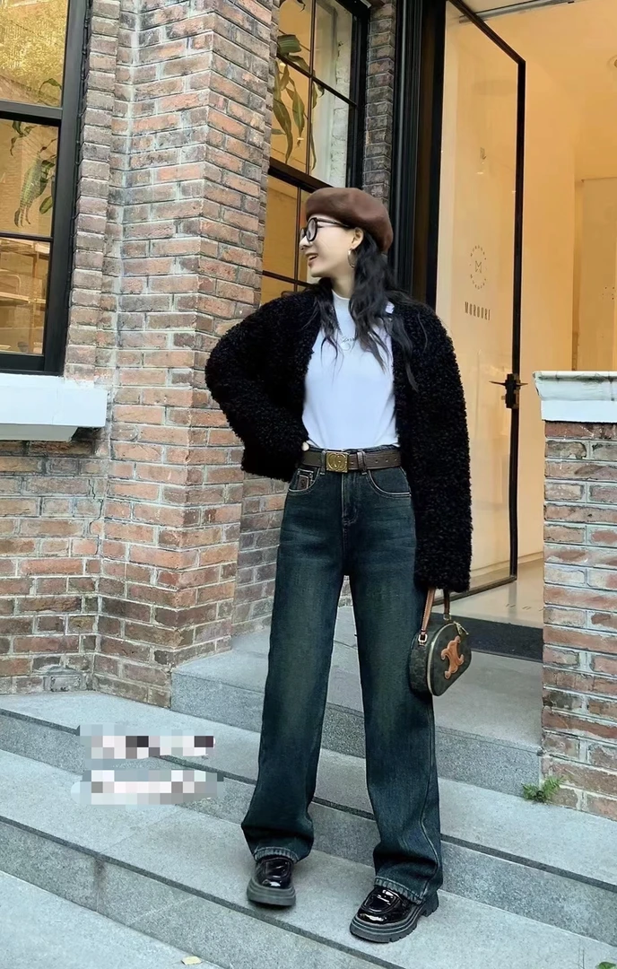 N6561#休闲复合绒直筒牛仔裤