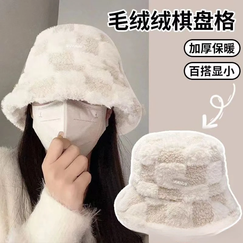 渔夫帽女保暖羊羔毛加厚盆帽百搭显脸子小格子纹水桶帽防风防寒帽