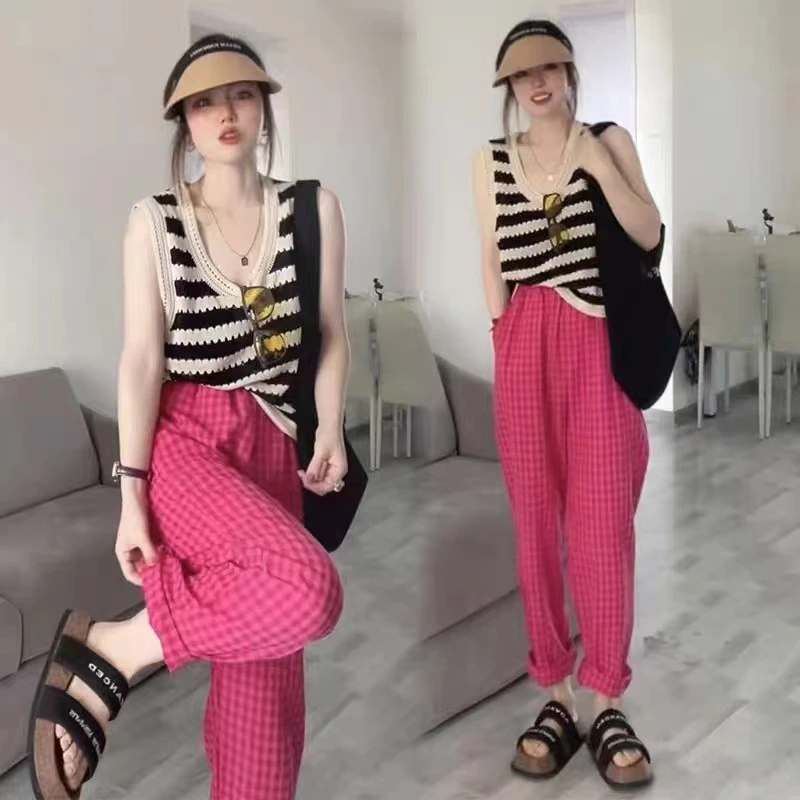 2025夏秋换季 夏季韩版轻薄透气棉麻面料格子裤 薄款哈伦萝卜裤