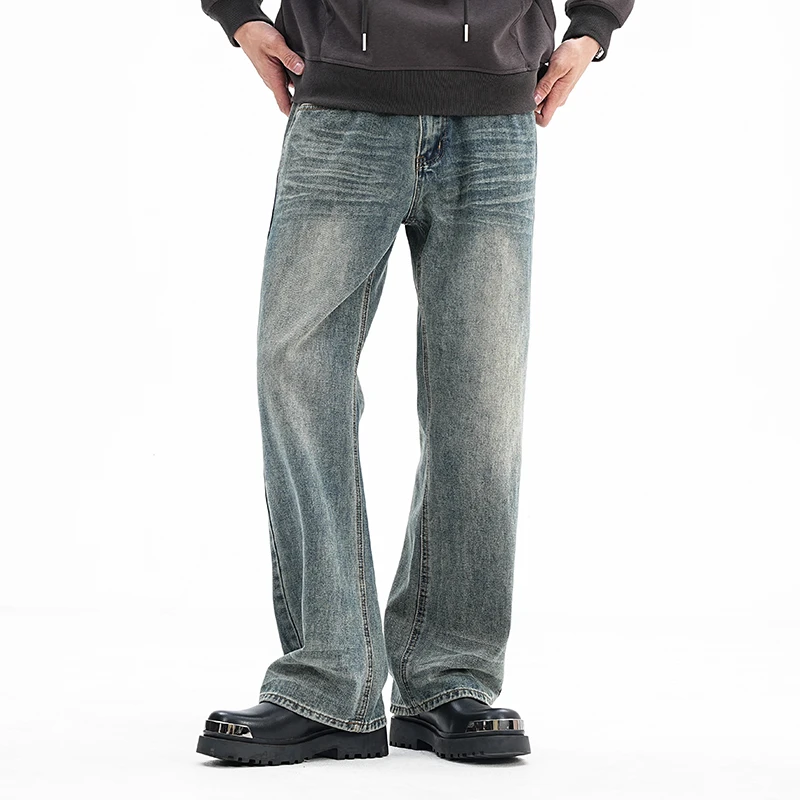 夏季新款cleanfit压皱猫须牛仔裤男款男生潮牌宽松微喇长裤子
