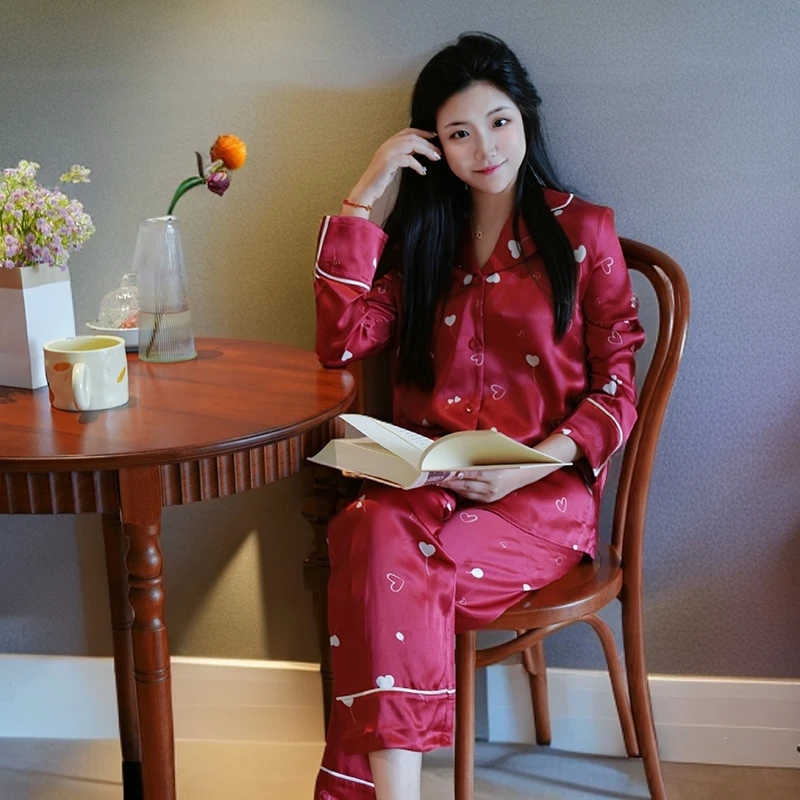中国丝绸 百百桑蚕丝女士大红波普爱心长袖睡衣家居服套装31910