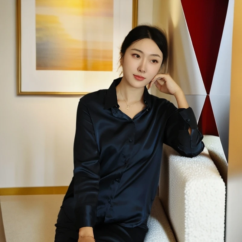 中国丝绸 百百桑蚕丝女士长款衬衫领学院风睡衣家居服套装31901