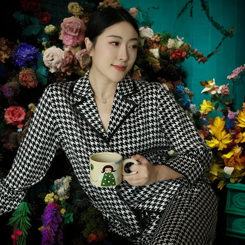 中国丝绸 百百桑蚕丝女士几何印花休闲长袖睡衣家居服套装31908