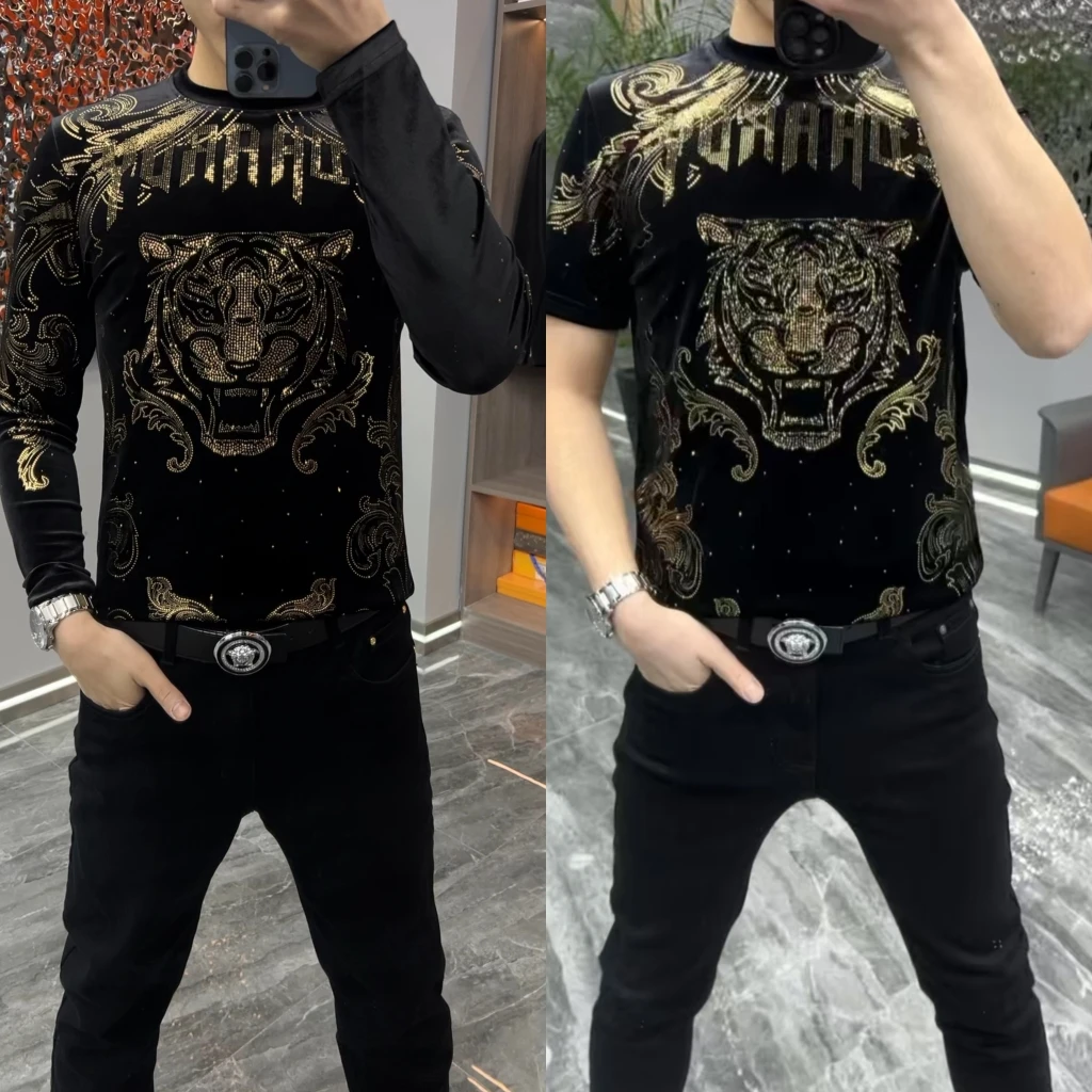 6306秋冬新款欧货潮流修身烫钻男士丝绒T恤