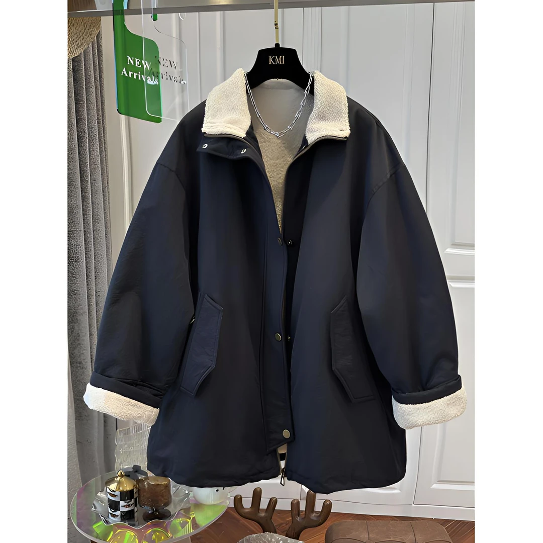 高级感黑色毛茸茸翻领中长款工装外套女加绒加厚宽松2025冬季新款