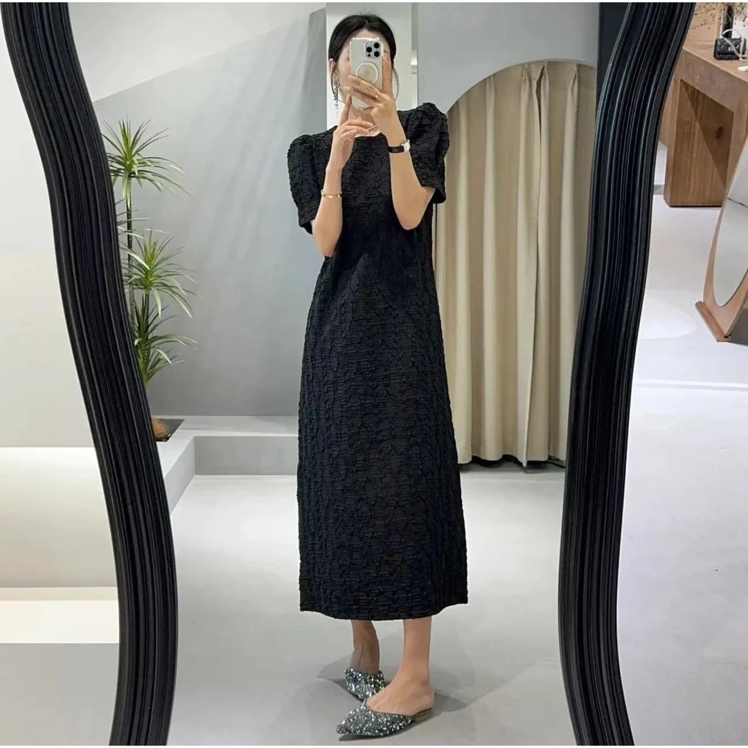 提花连衣裙女夏季气质直筒宽松短袖中长款黑色长裙法式复古收腰裙