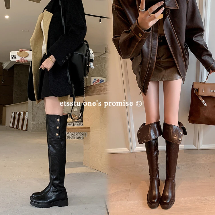 显瘦新款皮靴真皮女靴靴子2024年冬季粗跟时装靴过膝MOMO